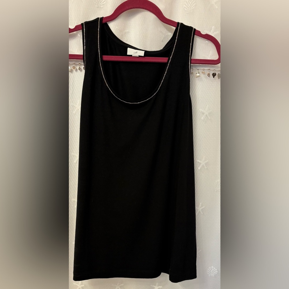 J Jill Black Sleeveless Top With Silver Accent at Neckline and around Arms.